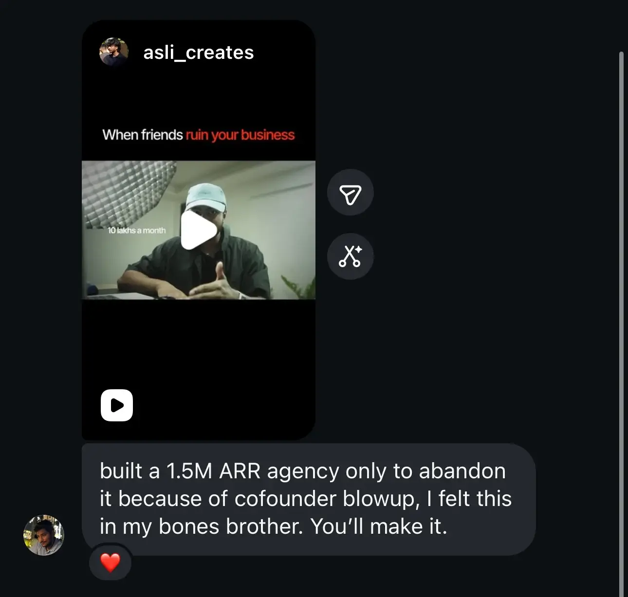 DM — built a 1.5M ARR agency only to abandon it because of cofounder blowup, I felt this in my bones brother. You'll make it.
