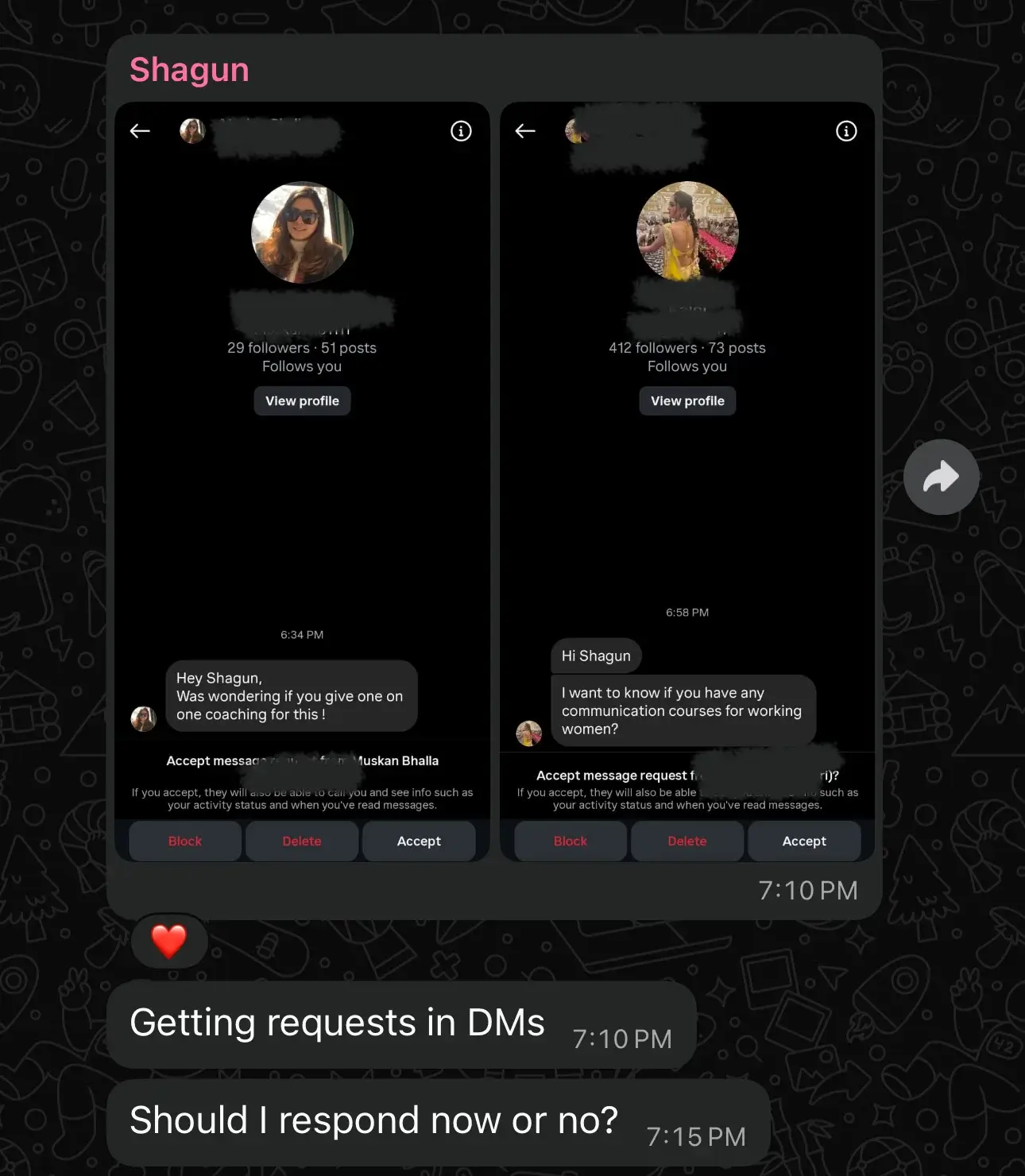 Shagun — DM requests from new followers asking about coaching