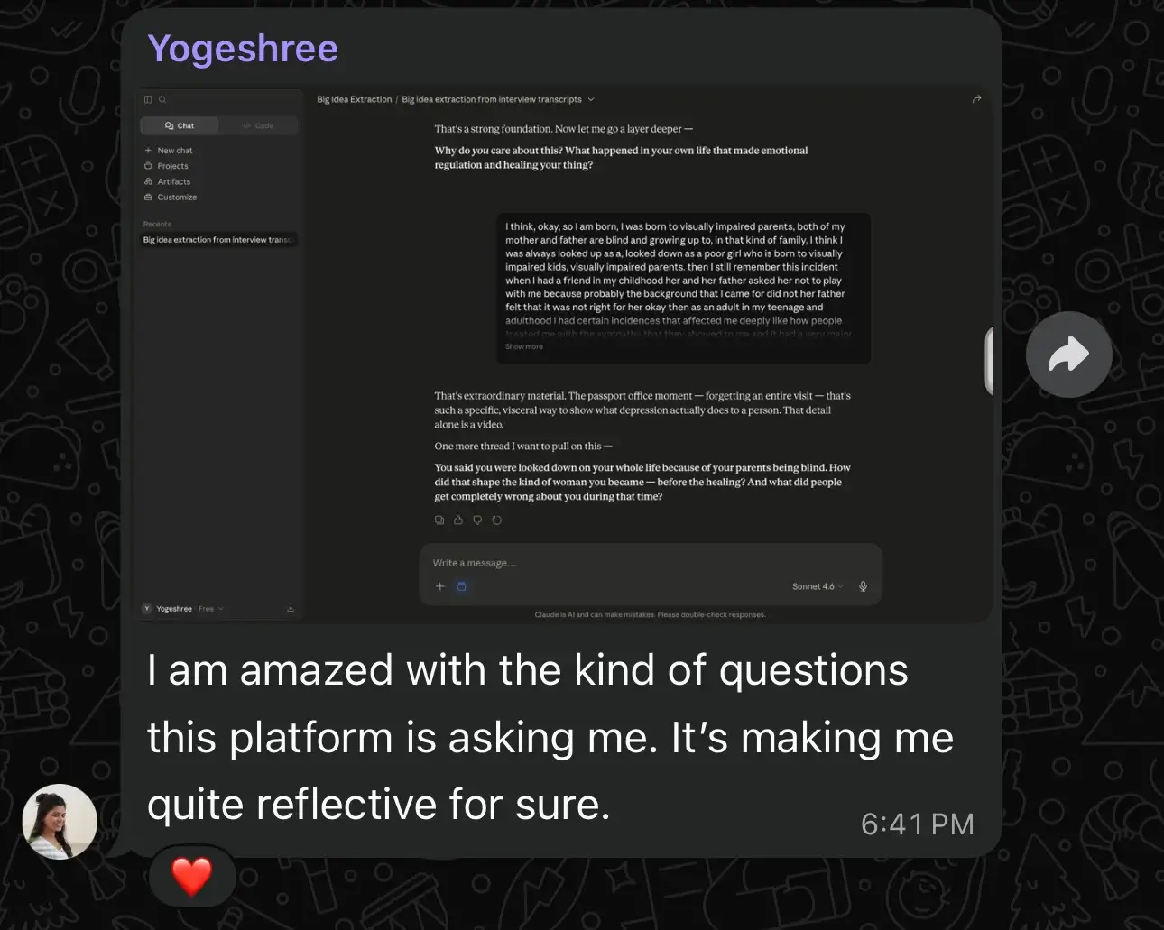 Yogeshree using the Big Idea Extractor in Claude — deep personal story emerging