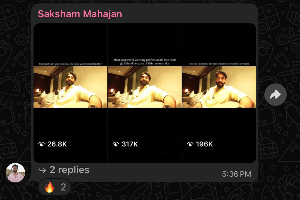 Saksham's reel grid — 26.8K, 317K and 196K views on rambled scripts