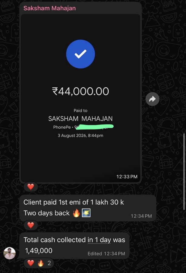 Client result — saksham 44k plus 130k emi 149k in one day